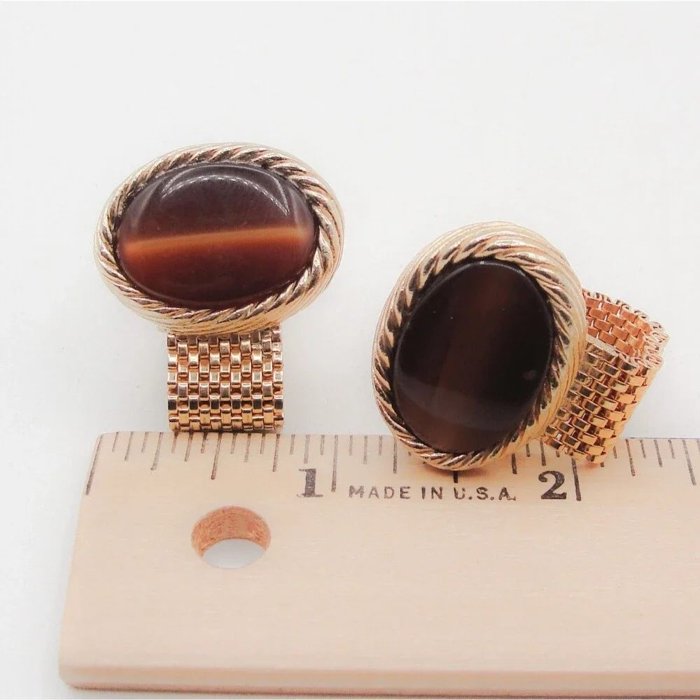 Vintage Swank Brown Tigers Eye Cabochon Gold Tone Mesh Wrap Around Cufflinks MCM